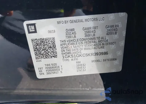 2019 GMC Yukon Xl Slt из США, поврежденный, VIN 1GKS1GKC5KR393986